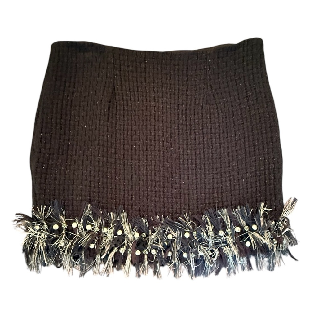 Aqua by Bloomingdales Y2K Black Mini Tweed Skirt w/ Fringe Hem Size Small